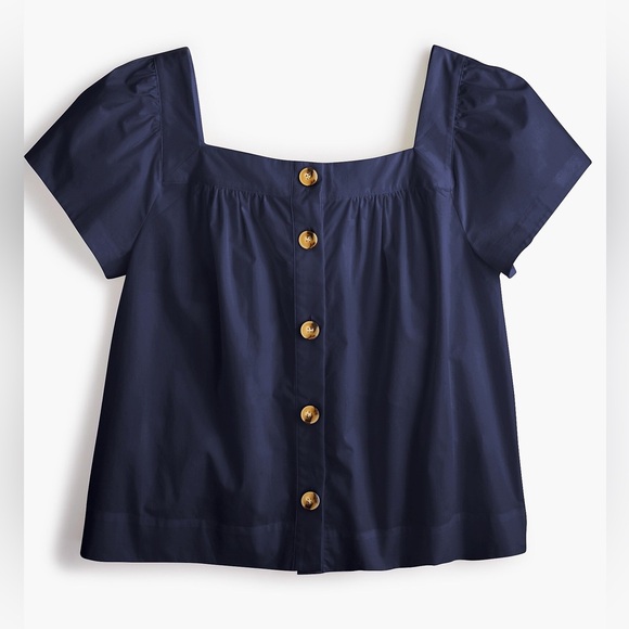 J. Crew Tops - J CREW Navy Blue 100% Cotton Square-Neck Button Puff Cap Sleeve Poplin Blouse XL